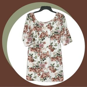 Tavia White w Green, Pink, Rust, Beige Floral Pattern Lined Long Top Women M